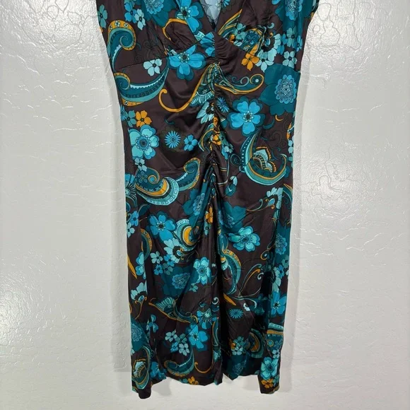Trina Turk Brown & Blue Floral Dress Cap Sleeve Middle Ruching Viscose Size 2 - Picture 4 of 6